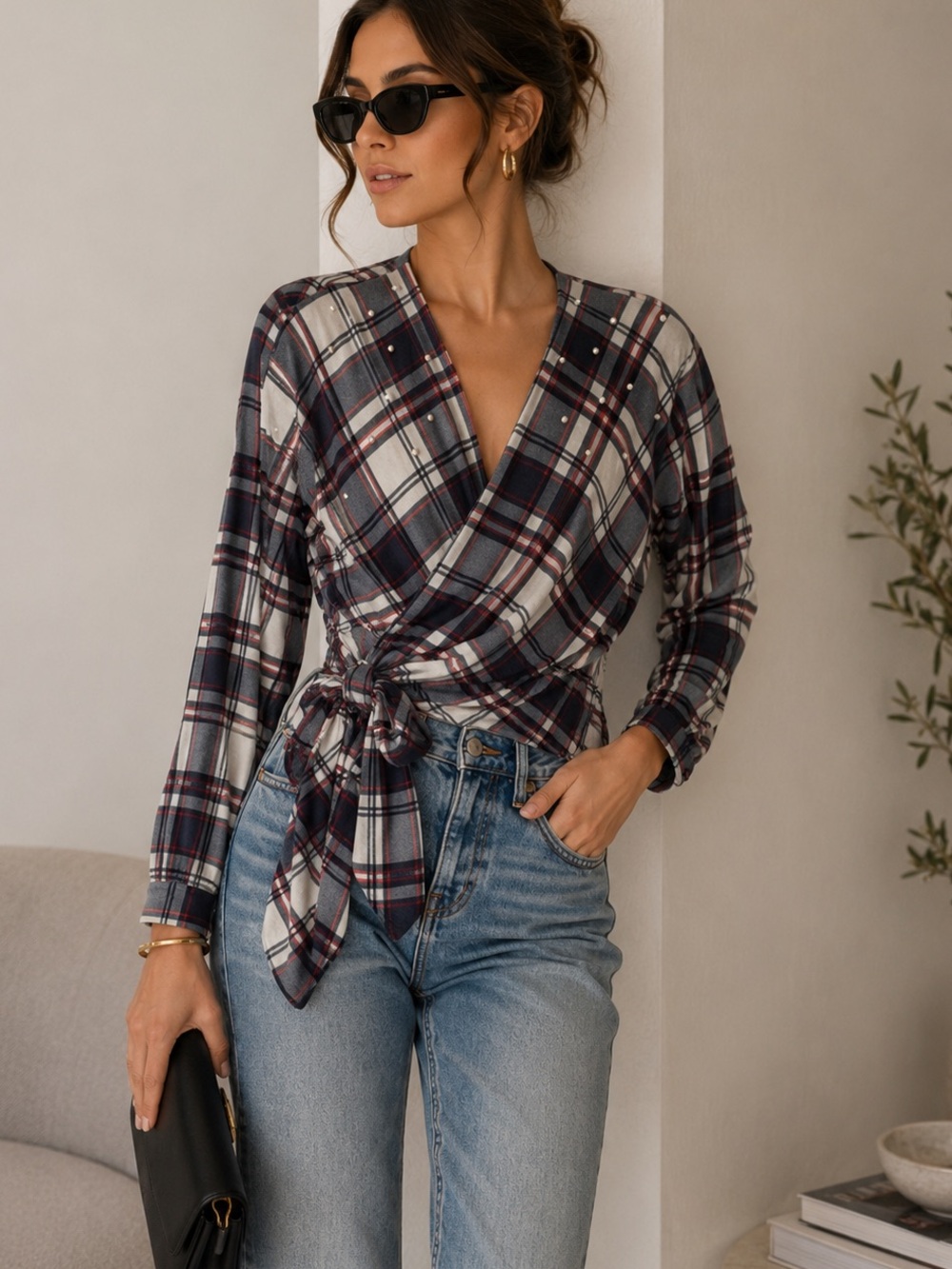 ZARA Plaid Wrap Top with Pearl Studs in Navy, Gray & Red